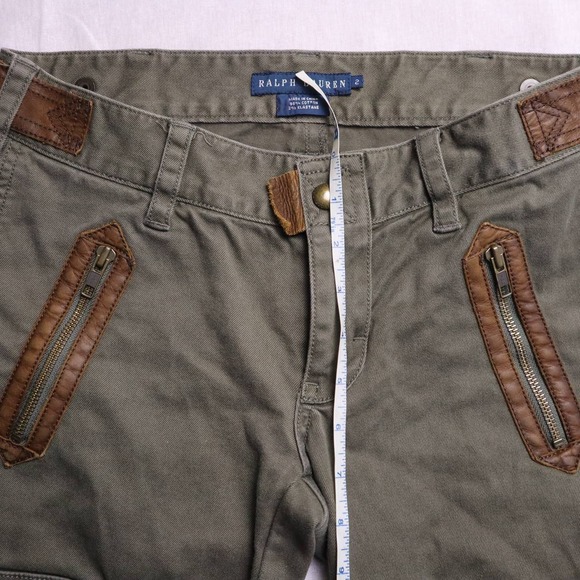 Ralph Lauren Women's Olive Green Cargo Pants Leather Trim Zipper Pockets Size 2 - Picture 13 of 14